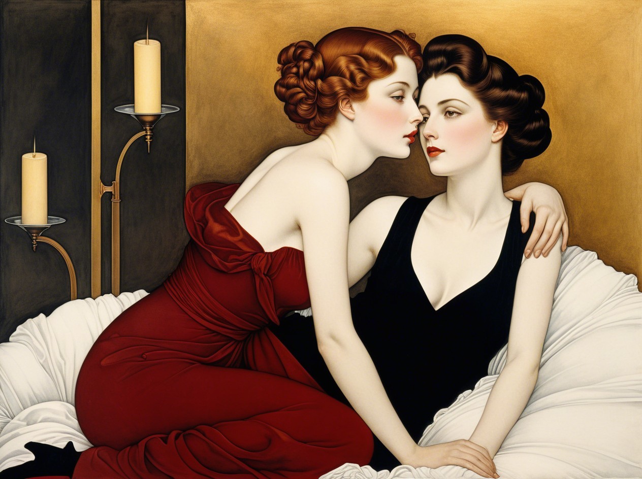 Two women in red attire seated on plush surface