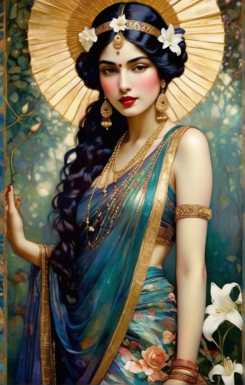 Traditional Indian Attire Woman Illustration with Dark Hair and Gold Jewelry
