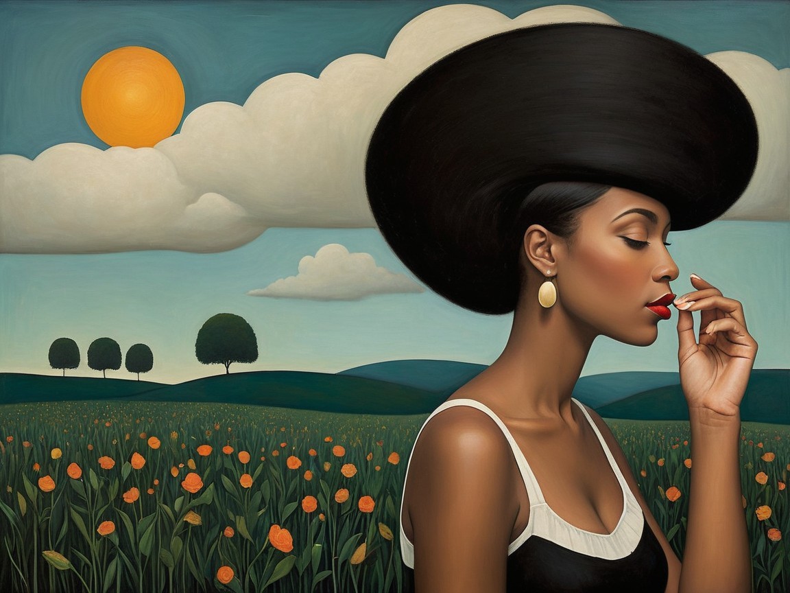 Woman with large hairstyle in vibrant flower field