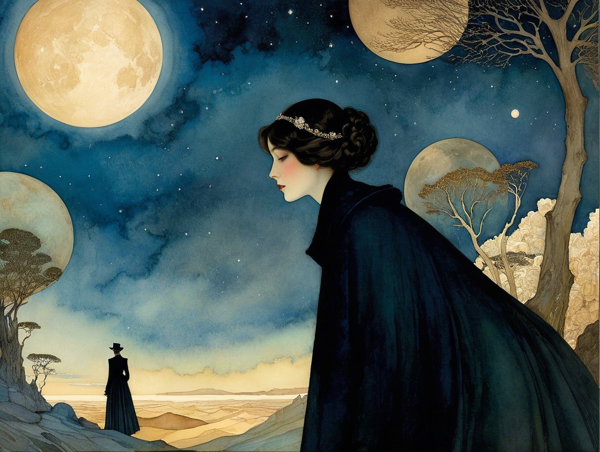 Dreamlike Landscape with Woman in Black Cloak