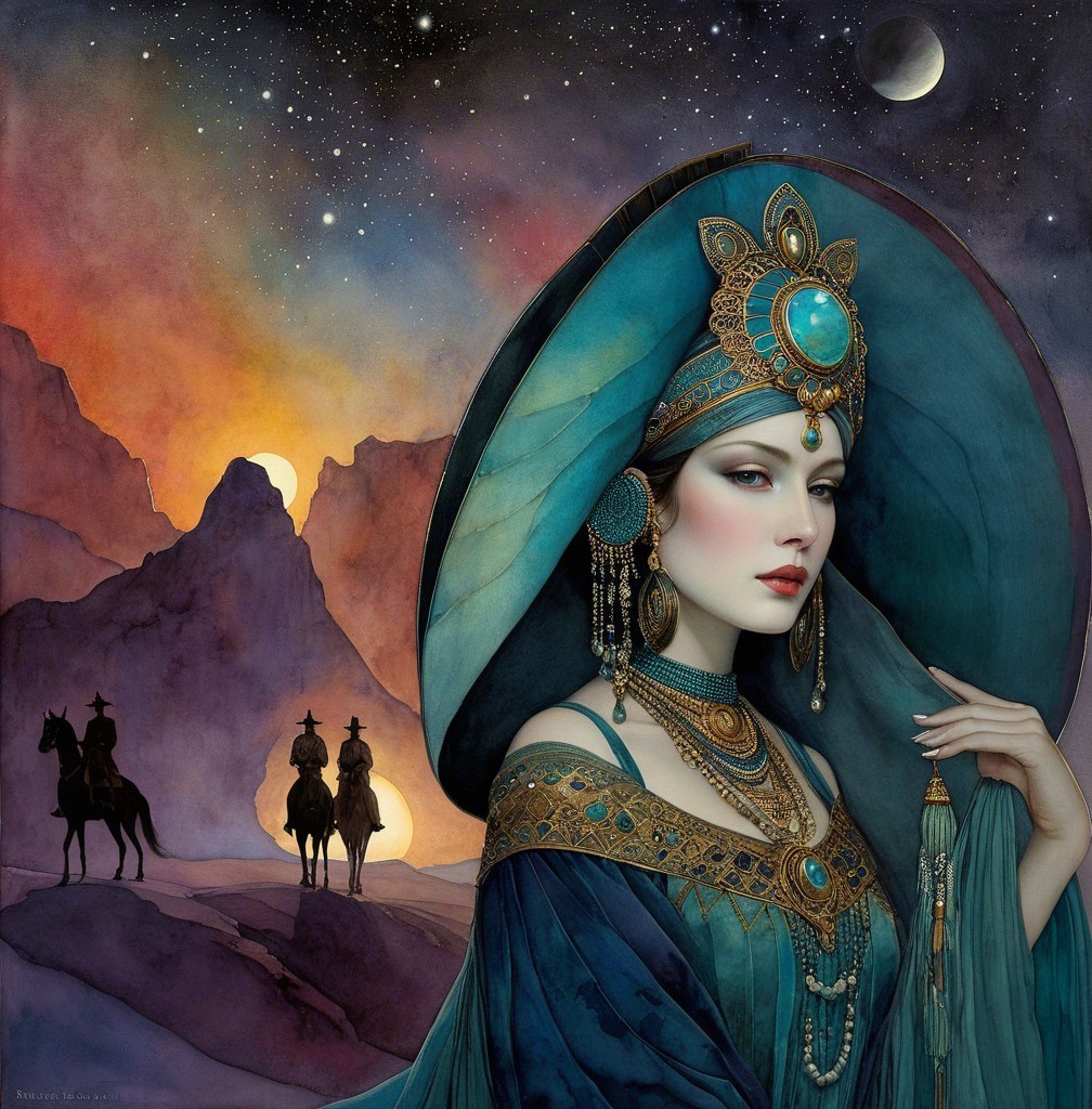 Majestic Woman in Deep Blue Attire against Celestial Scene