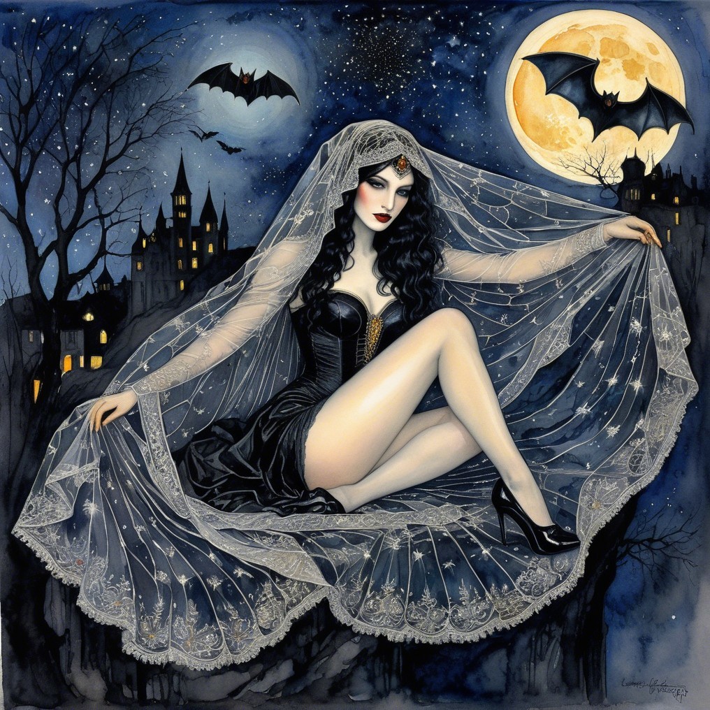 Mysterious Figure in Gothic Attire Under Moonlit Sky