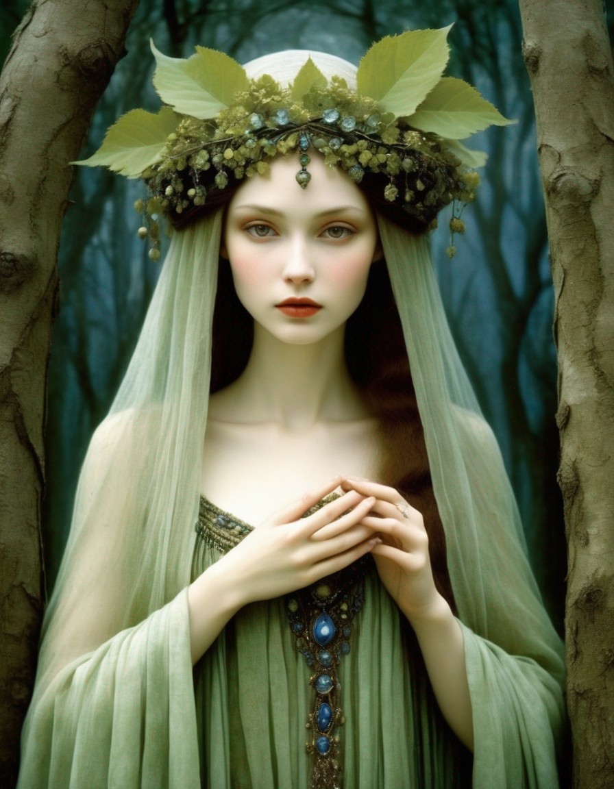 Woman in Leaf Crown and Green Gown by Tree Trunks