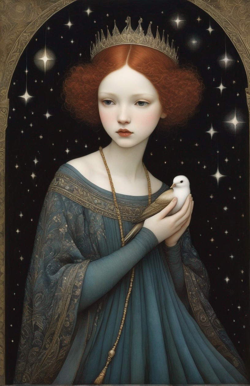 Young girl with red hair and bird in starry night
