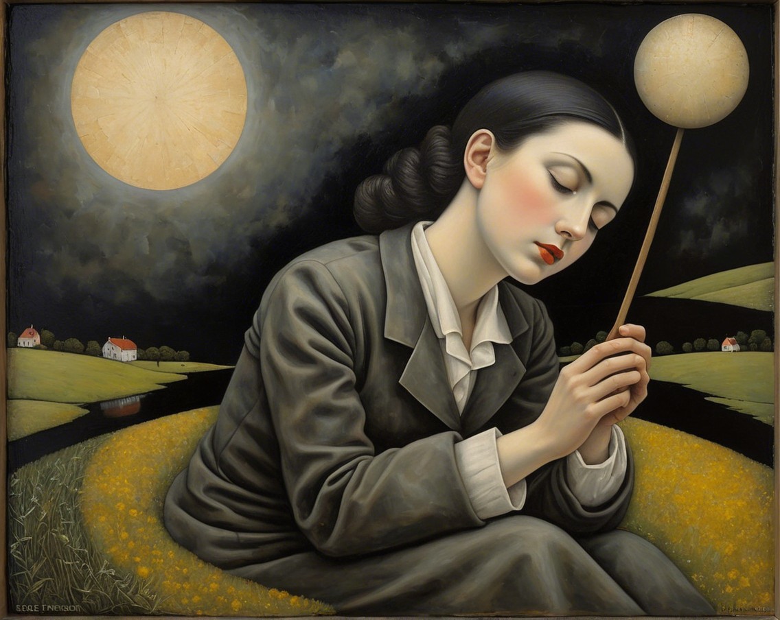 Contemplative Woman in a Field with Moons and Hills