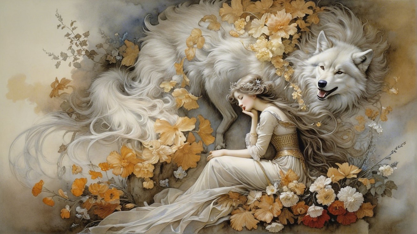 Serene Woman and White Wolf Among Golden Flowers