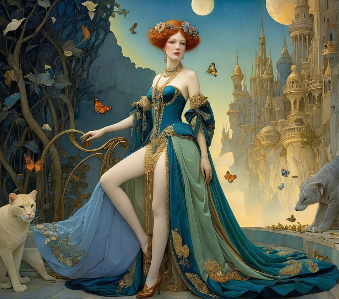 Elegant figure in gown amidst butterflies and castles