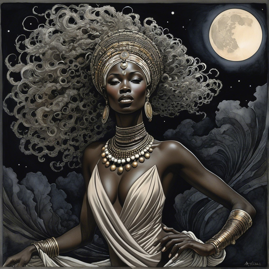 Elegant figure in white gown under full moonlight