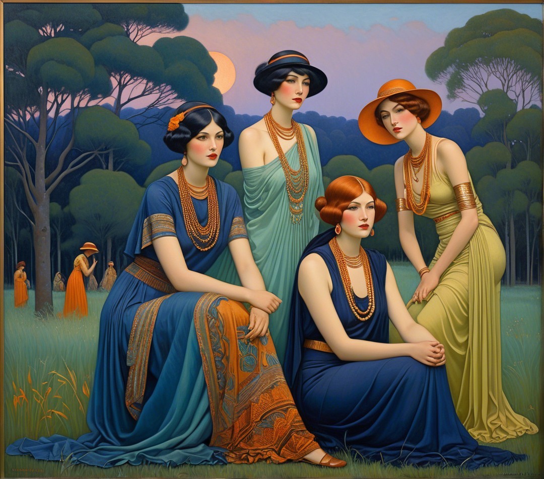 Vintage Elegance of Four Women in Flowing Robes