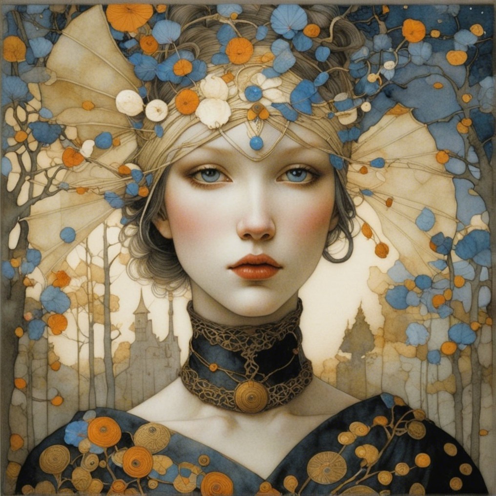 Serene Female Figure Amid Whimsical Trees and Buildings