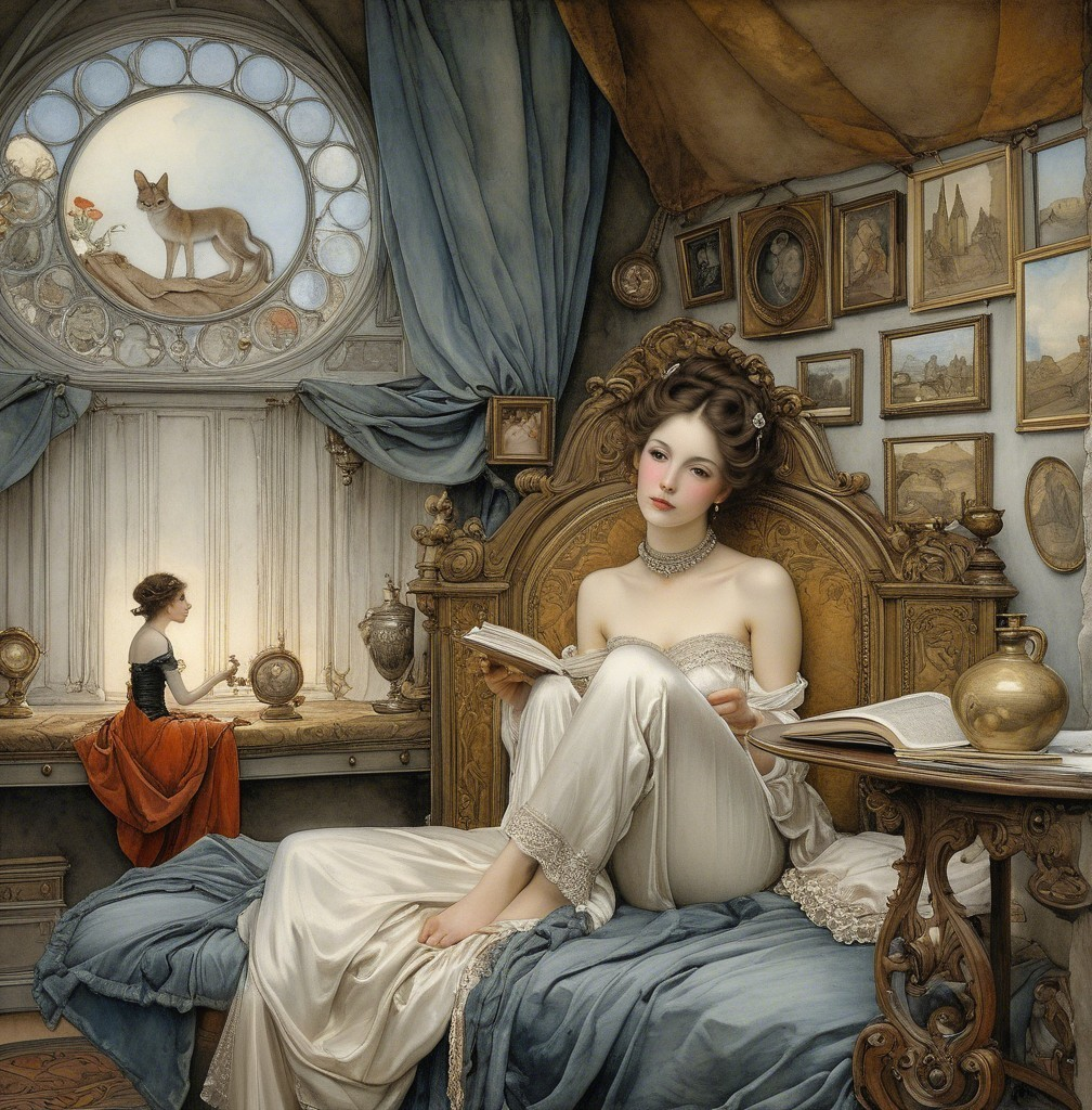 Elegant Room with Woman in White Gown Reading