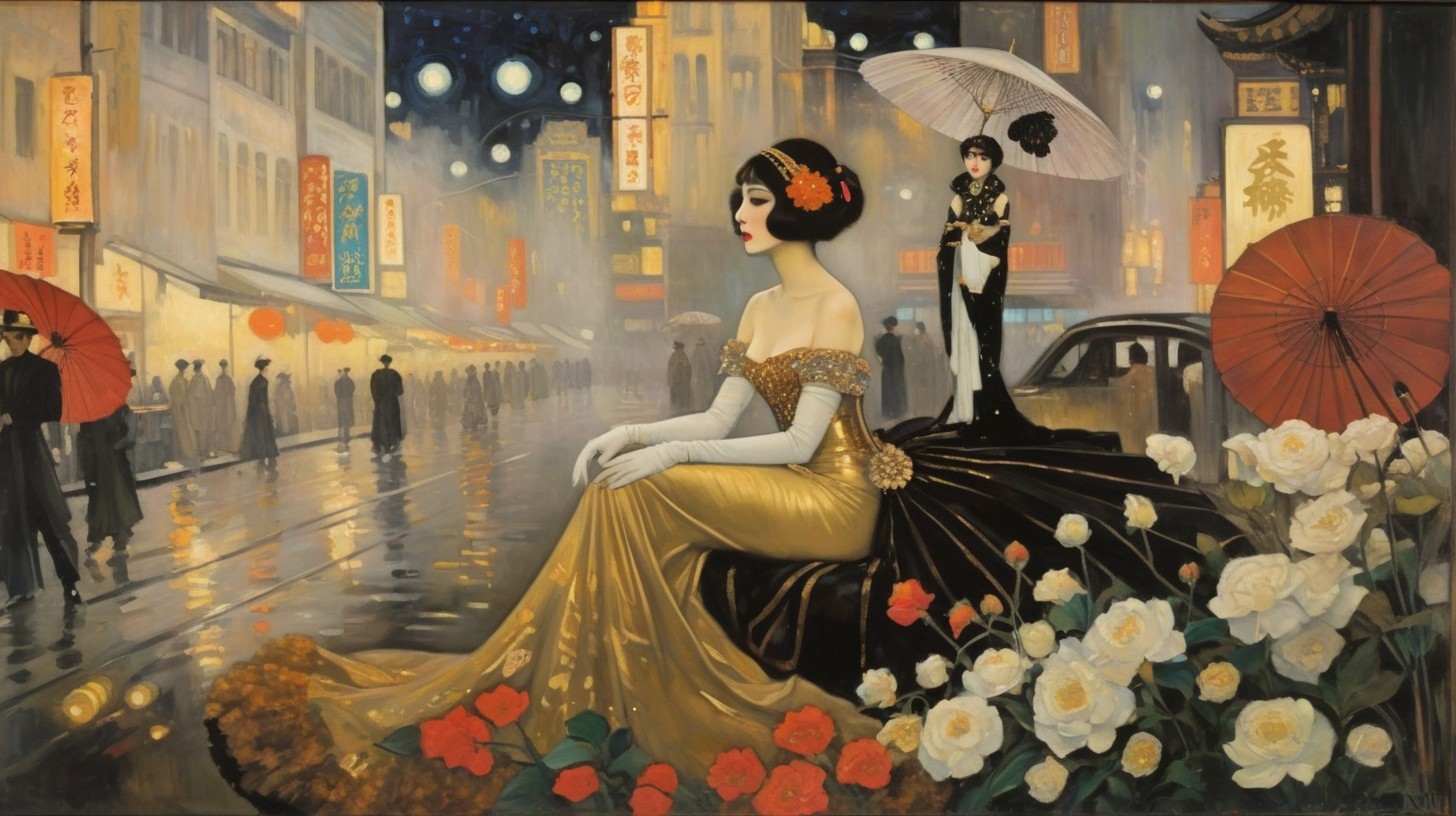 Glamorous Nighttime Street Scene in Vintage Tokyo