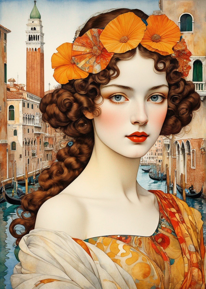 Stylized woman with floral hair in Venice canal scene