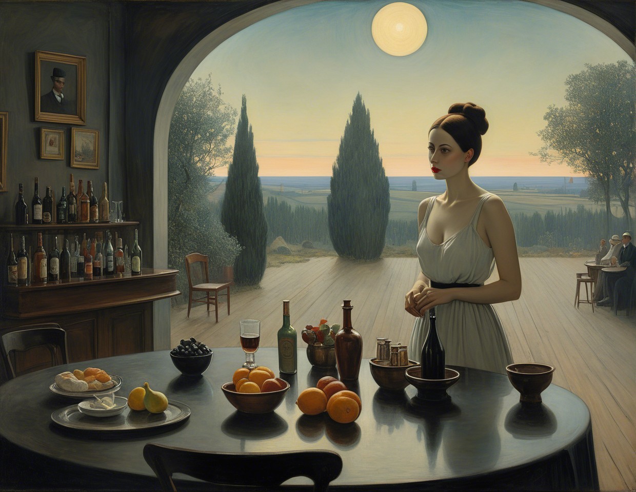 Serene Interior Scene with Woman and Scenic Landscape