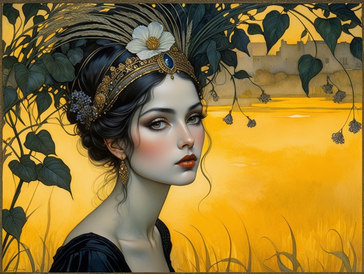 Portrait of a Young Woman with Black Hair and Crown