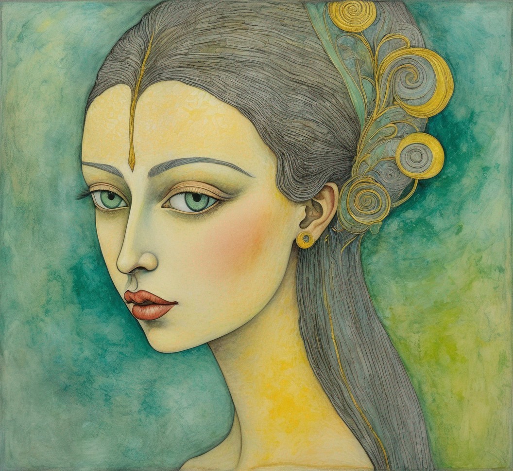 Illustrated portrait of woman with stylized features and elaborate spiral hairstyle on greenish-yellow backdrop.