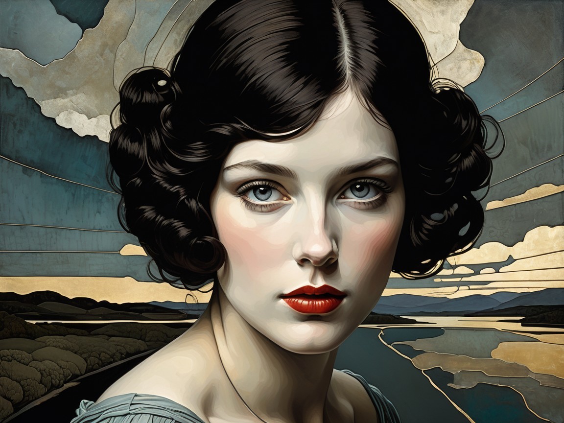 Young woman in light blue dress with stylized landscape