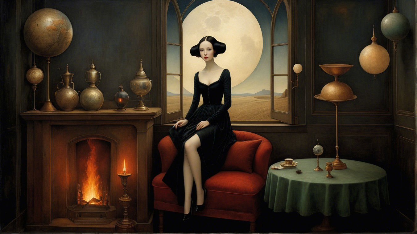 Mysterious Woman in Black Dress in Enchanting Room