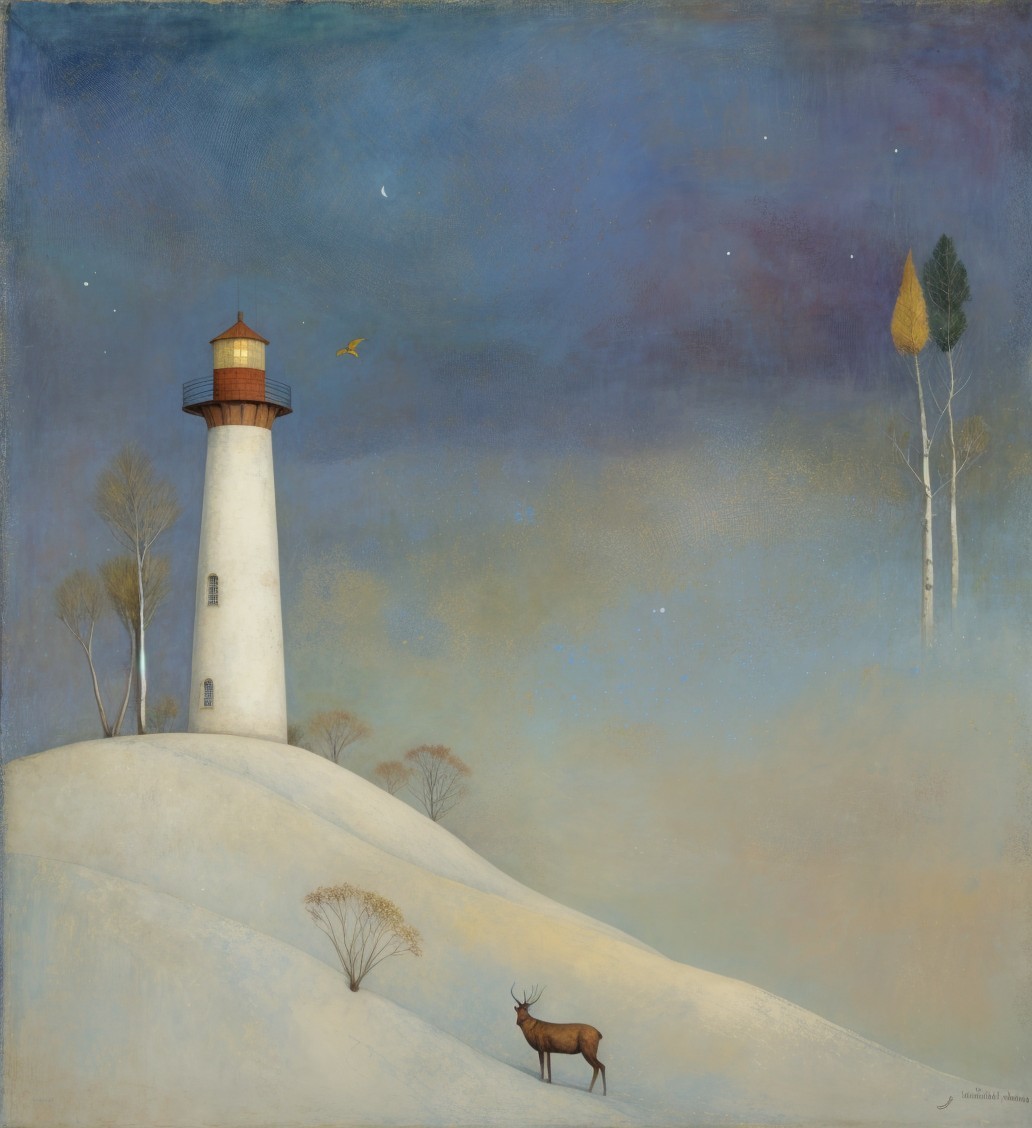 Serene Winter Landscape with Lighthouse and Deer