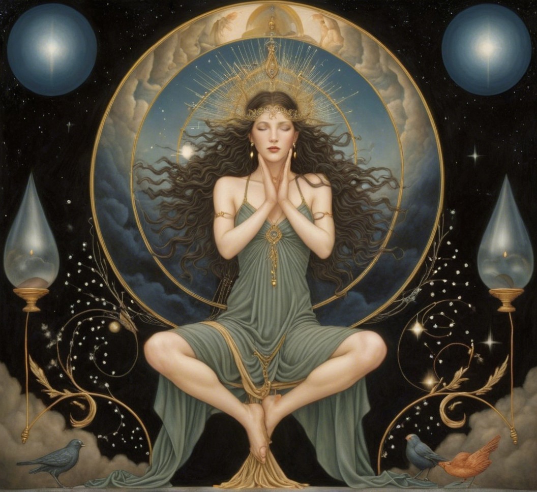 Serene Woman in Green Gown Against Celestial Backdrop