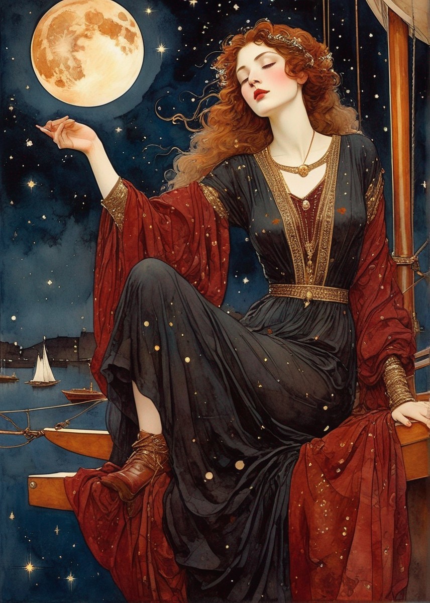 Illustrated woman in dark dress touches full moon on wooden beam.