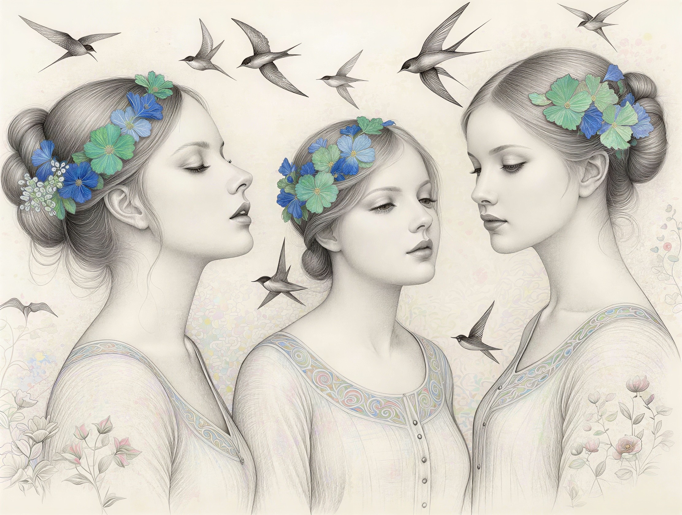 Charcoal Sketch of Three Women with Flower Crowns