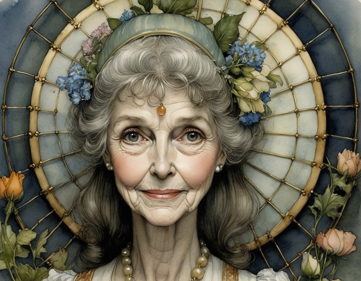 Elderly Woman Surrounded by Floral Stained Glass Design