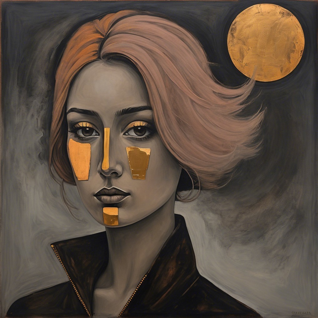 Portrait of a Woman with Pink Hair and Golden Accents