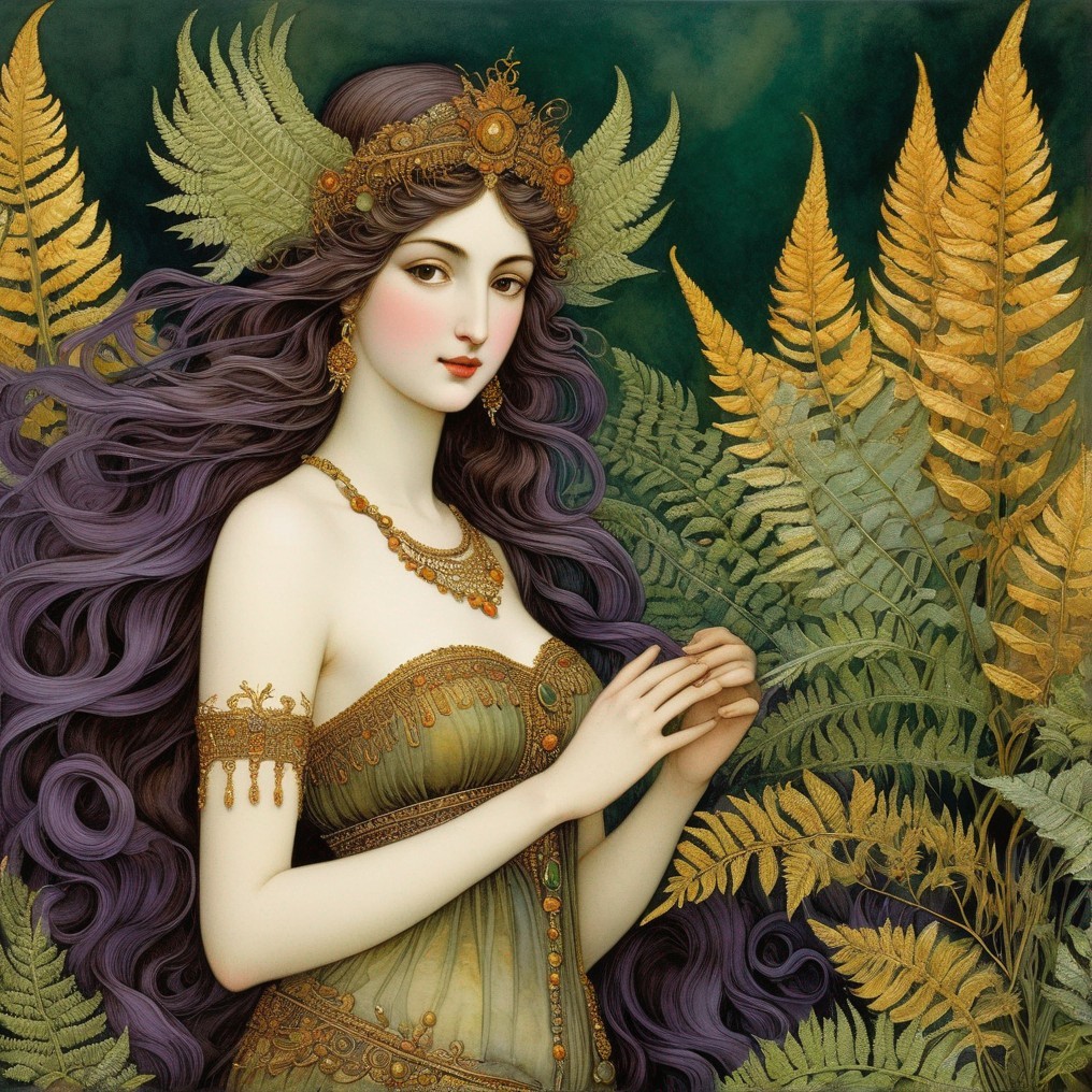 Painting of a woman with purple hair and ferns