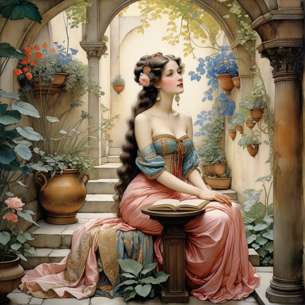Serene Woman in Enchanting Garden with Vibrant Flowers