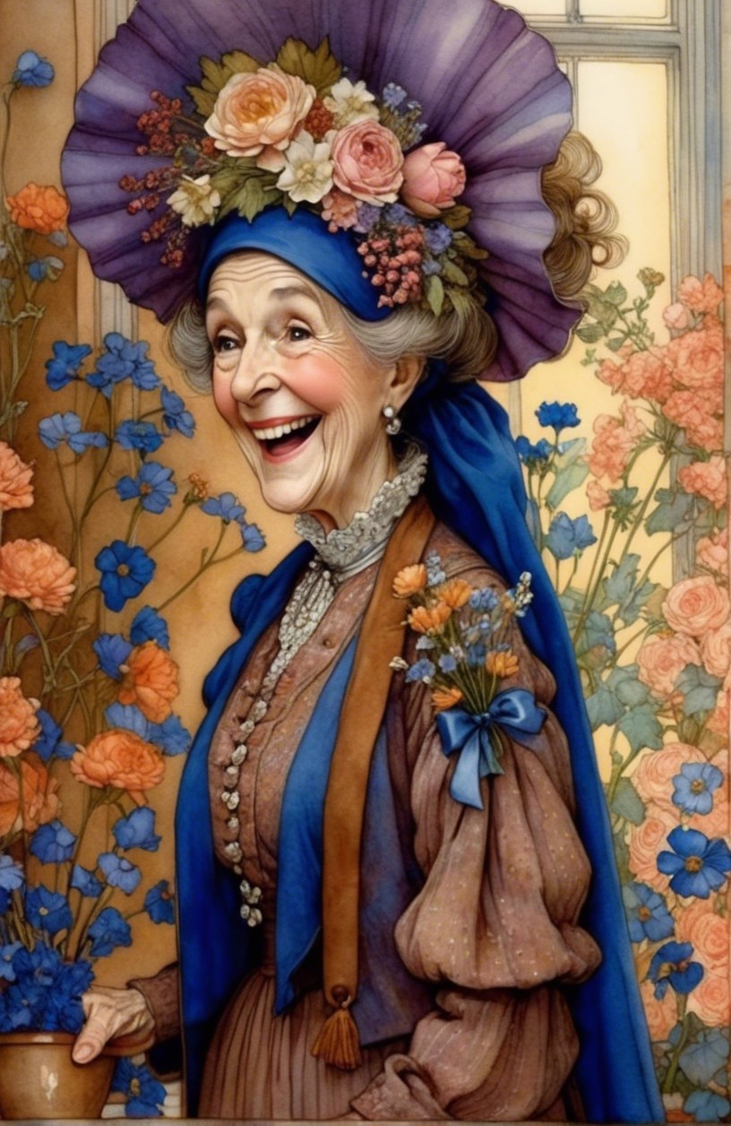 Elderly woman in colorful dress with floral headdress