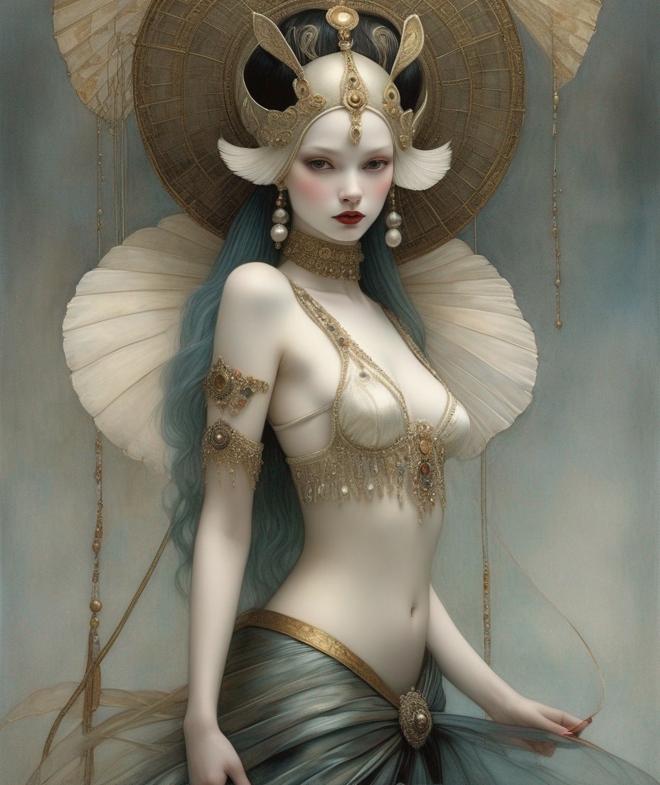 Ethereal female figure with blue hair in gold jewelry and horned headdress.