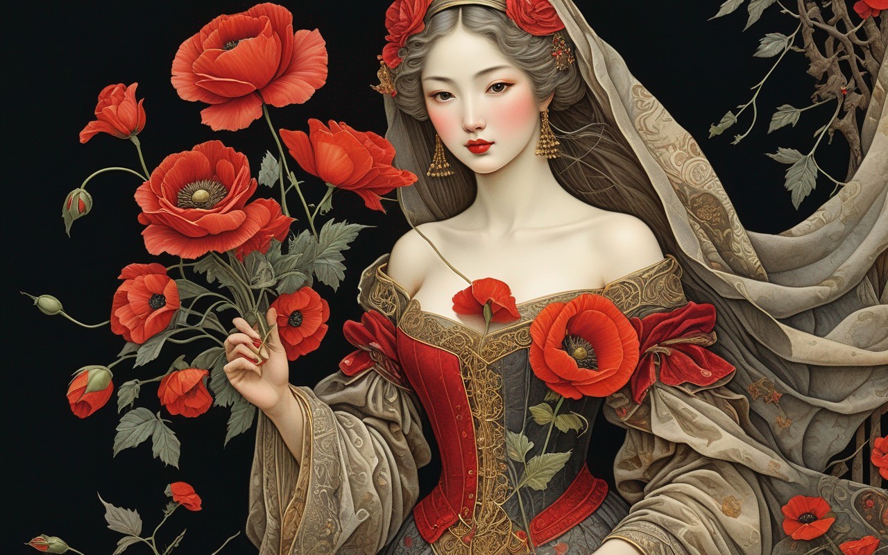 Illustration of Woman in Traditional Outfit with Poppies