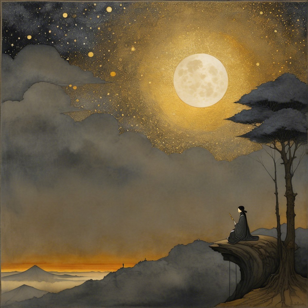 Cliffside Figure Observing Moonlit Night Sky