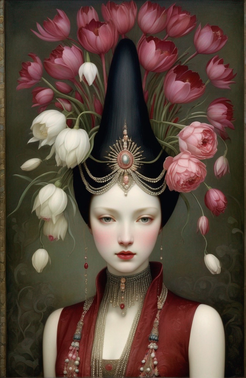 Elegant figure with floral headdress and luxurious attire