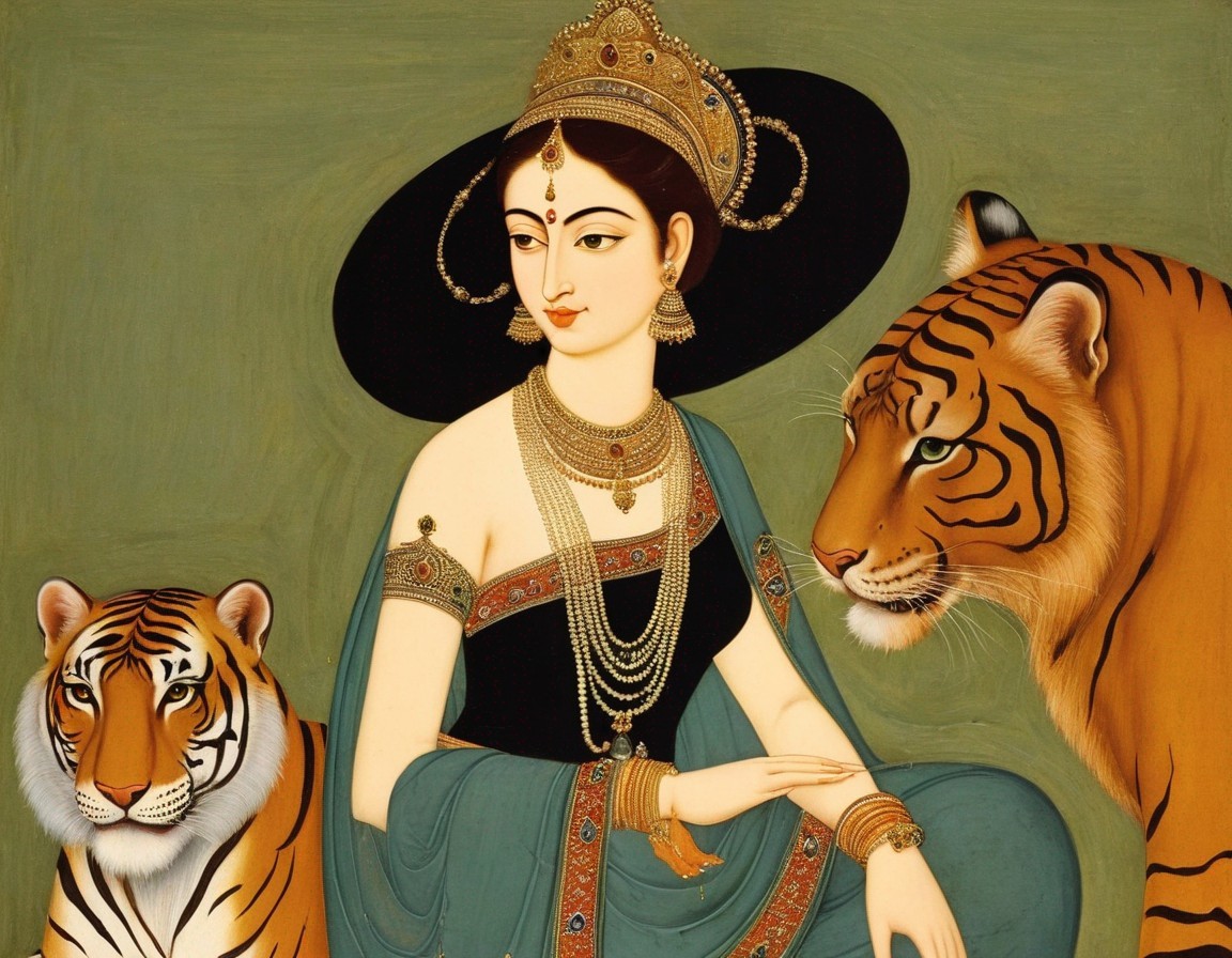 Regal figure in traditional attire with tigers
