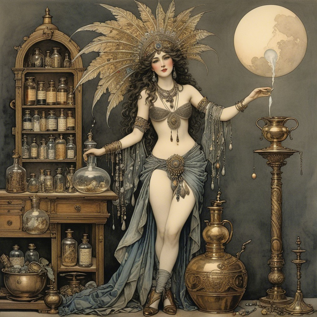 Mystical Alchemical Scene with Feathered Headdress and Orbs