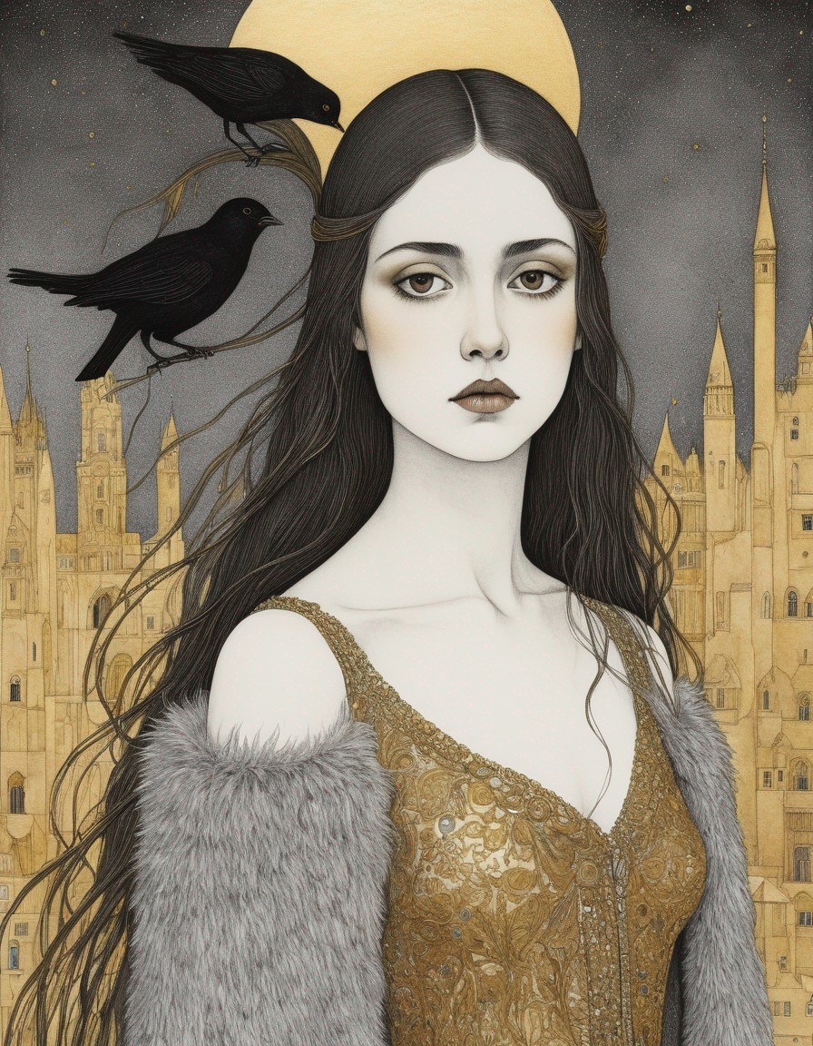 Solemn Woman in Medieval Dress with Raven and Castle