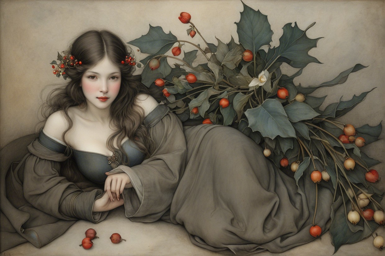 Serene Young Woman in Floral Crown Amidst Nature