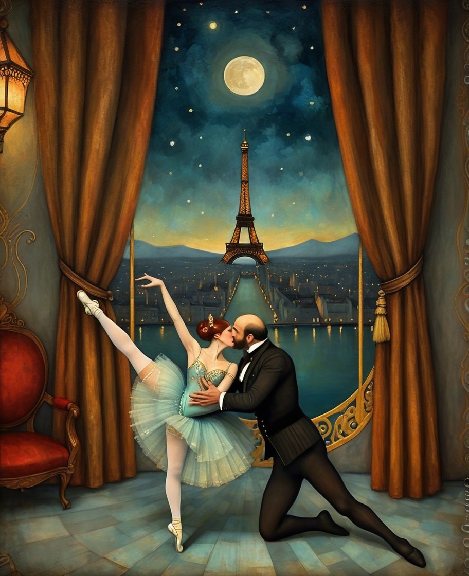 Ballerina and Tuxedo Dancer Under Moonlit Eiffel Tower