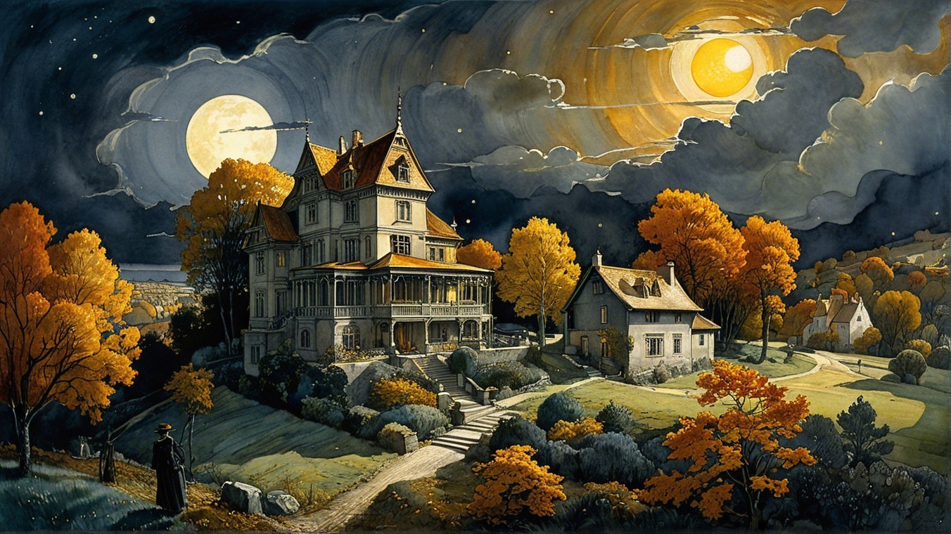 Victorian Mansion Under Moony Night Sky with Foliage
