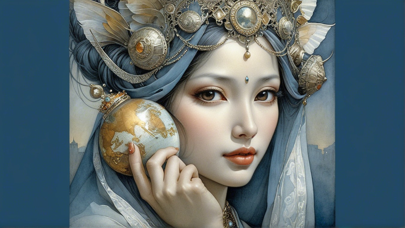 Serene Woman with Blue Hair and Globe in Ethereal Light