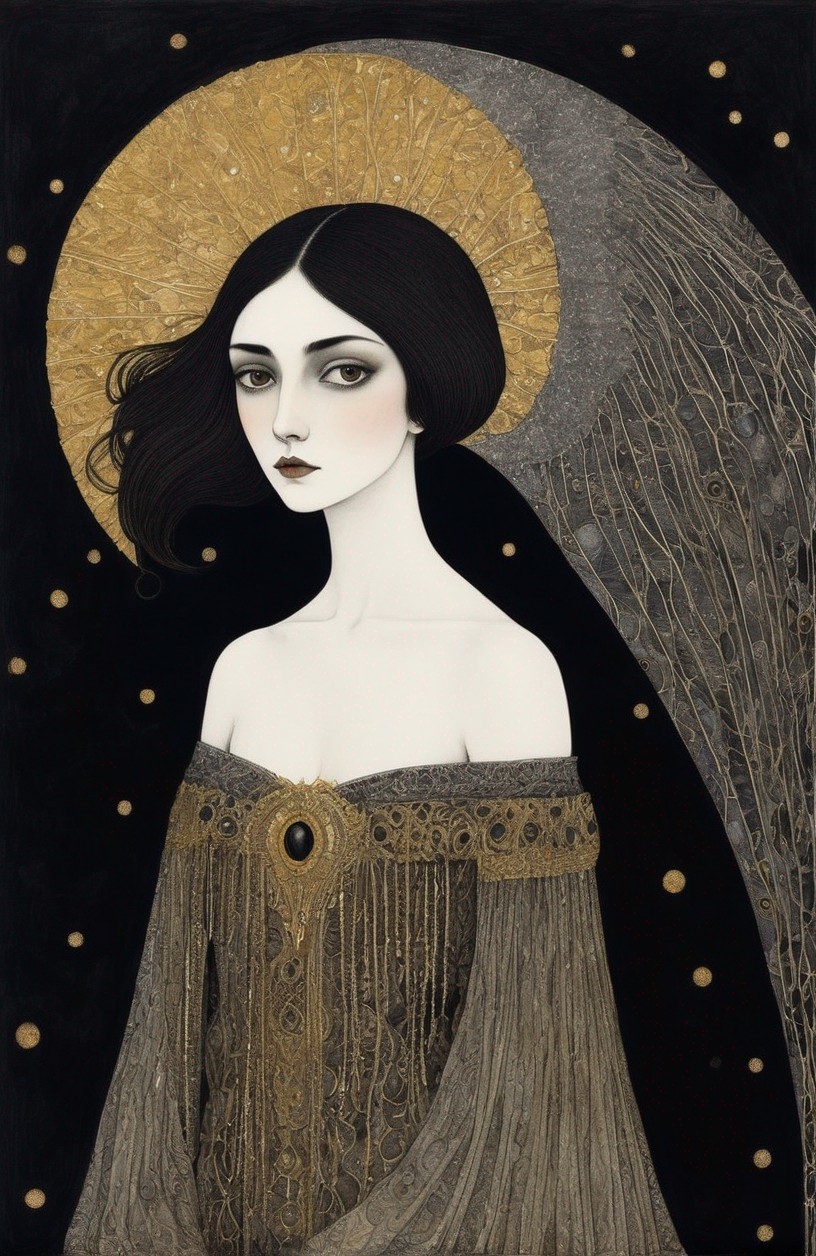 Illustration of a Woman in Vintage Dress with Halo