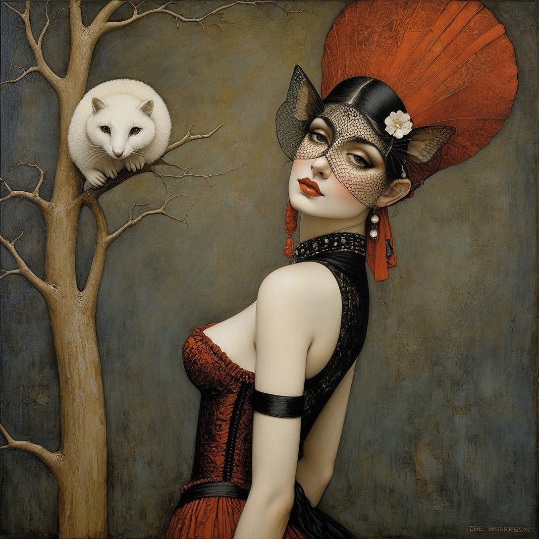 Detailed Oil Painting of Woman in Corset and Mask