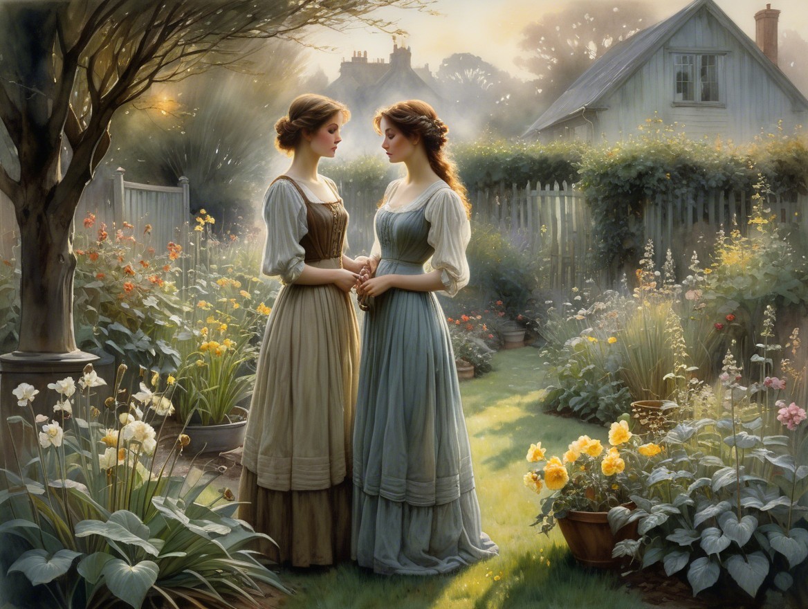 Women in Elegant Attire Amidst a Vibrant Garden