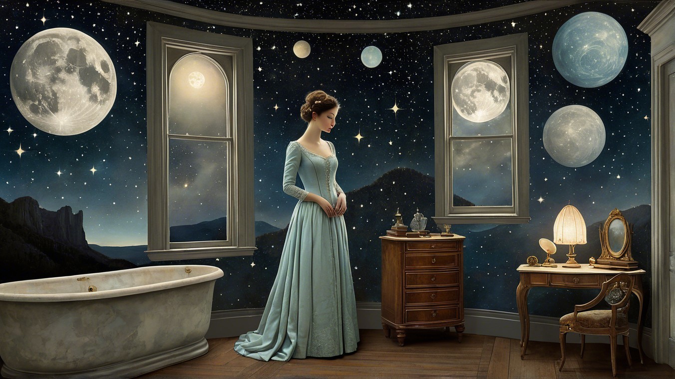 Serene Room with Young Woman in Flowing Blue Gown