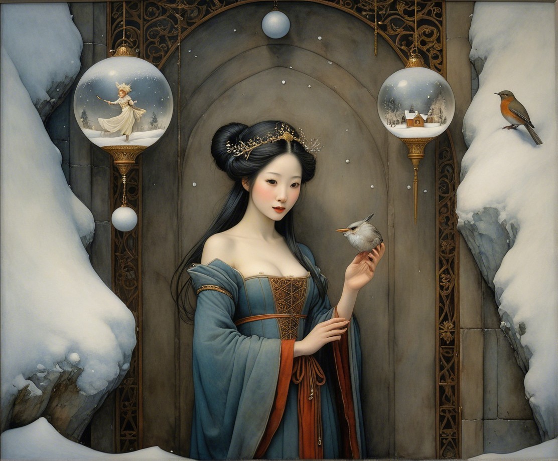 Winter Scene with Woman in Blue Gown and Snowflakes