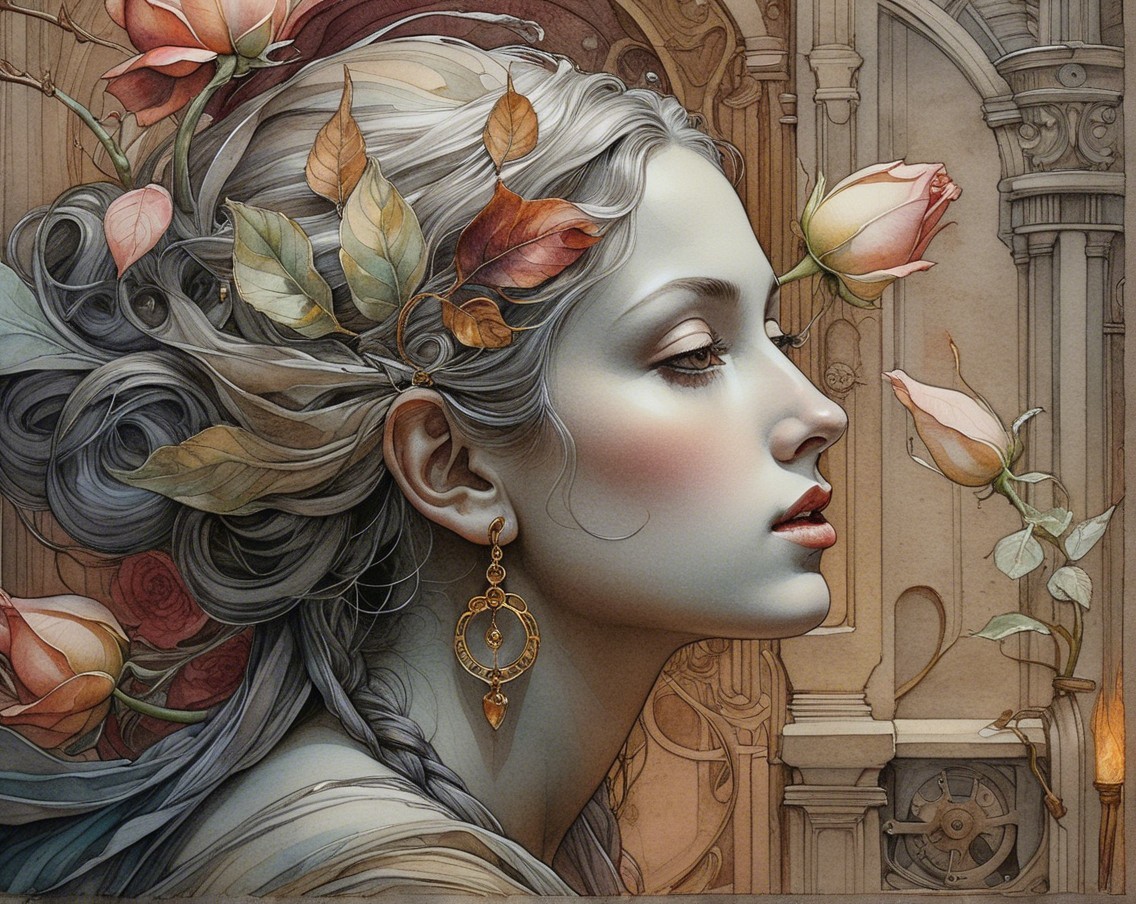 Serene Woman with Floral Elements and Ornate Background