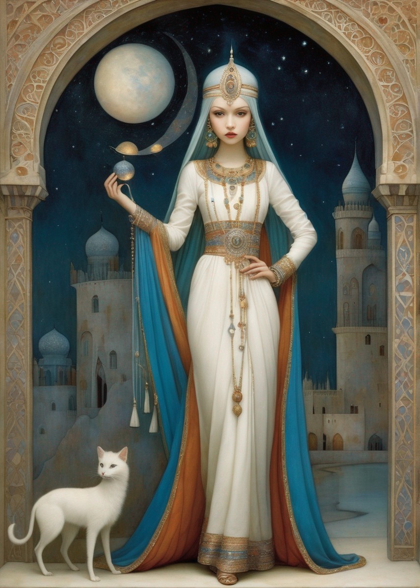 Regal woman with celestial orb and white cat in ornate palace setting