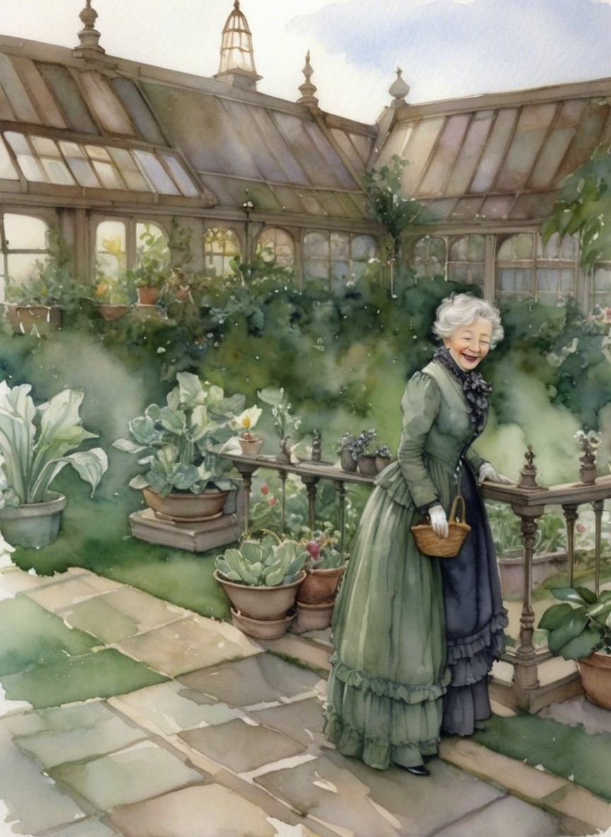 Elderly Woman in Vintage Dress in Lush Garden